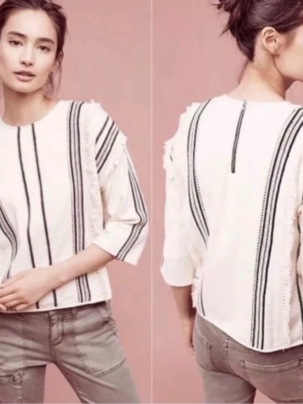ANTHROPOLOGIE ERI + ALI Fringe Top Trim Black Cream Blouse Women’s Size XS